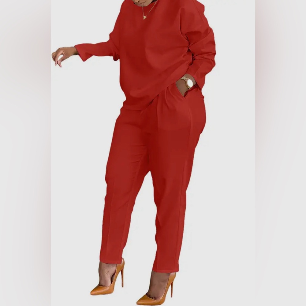 Casual Two-piece Set, Crew Neck Long Sleeve Top & Slant Pockets Pants Outfit